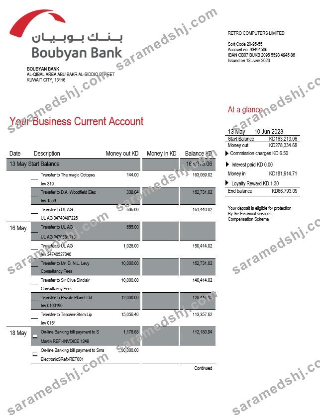 Boubyan Bank enterprise account statement Word and PDF template